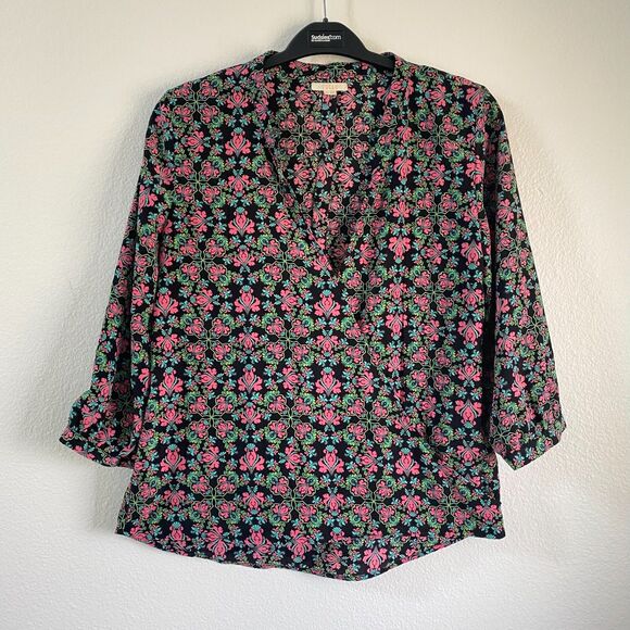 Tulle‎ Womens Floral Top 3/4 Sleeve V Neck Black Rose Blouse Size L - Picture 1 of 9